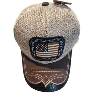 New Leader Loga Freedom Trucker Hat American Flag Cowboy Brown Beige Mens Cap